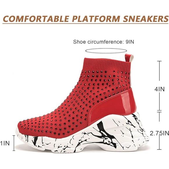 Platform Boots Wedge Sneakers Studded Rhinestone Ankle Boots Chunky Red Size 10 - Picture 2 of 7